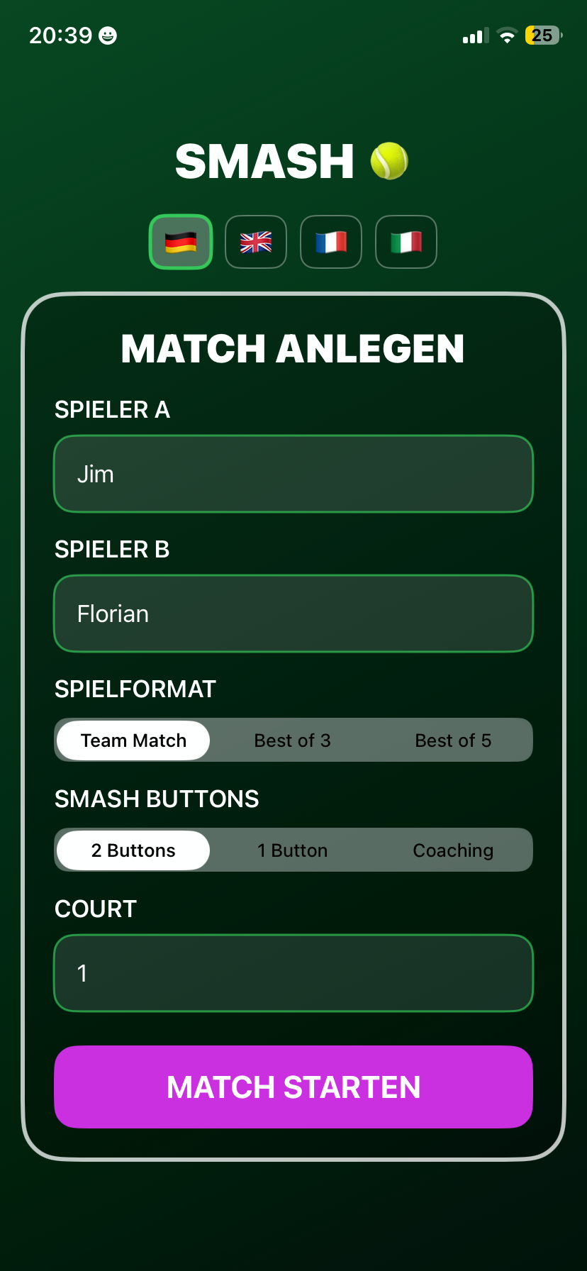 SMASH App Match anlegen