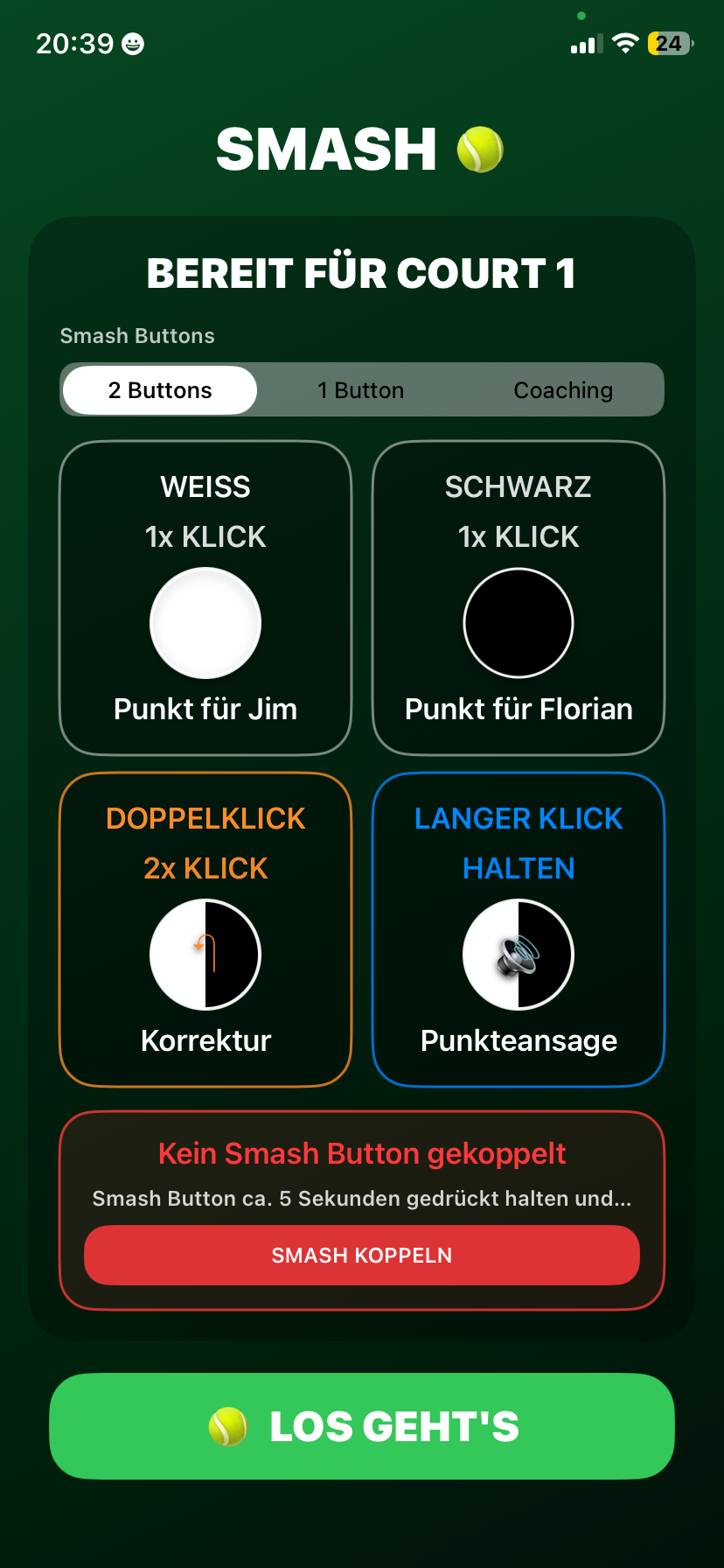 Originaler SMASH App Ready-Screen mit Smash Buttons und Pairing